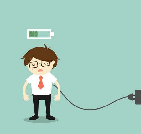Business concept, Businessman feeling tired and charging battery. Vector illustration.のイラスト素材