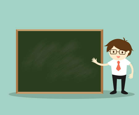 Business concept, Businessman standing in front of green chalkboard for presentation. Vector illustration.のイラスト素材
