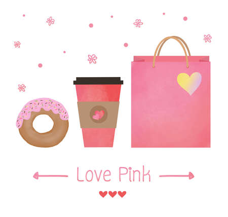Set of strawberry donut with strawberry juice and pink bag in watercolor style. Vector Illustration.のイラスト素材