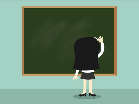 Business concept, Business woman standing in front of green chalkboard and writing. Vector illustration.のイラスト素材