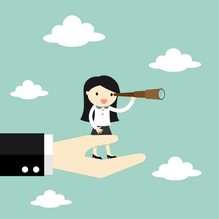 Business concept, Business woman standing on the big hand and using her telescope looking for an opportunity. Vector illustration.のイラスト素材