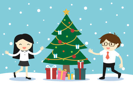 Business woman and businessman feeling happy with a Christmas tree and gift boxes. Vector illustration.のイラスト素材