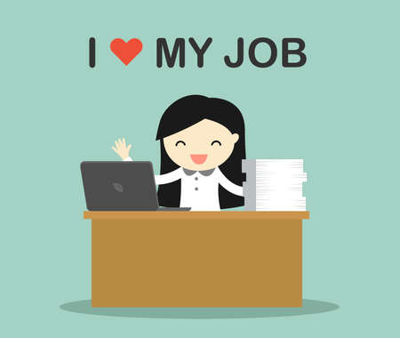 Business concept, Business woman working on her desk with wording "i love my job". Vector illustration.のイラスト素材