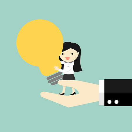 Business concept, Business woman standing on the big hand and holding big light bulb. Vector illustration.のイラスト素材