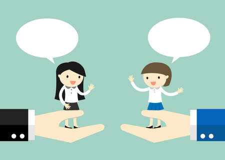 Business concept, Business women standing on the big hand and talking to each other. Vector illustration.のイラスト素材