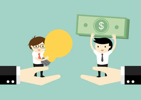 Business concept. Two businessmen standing on big hands exchanging money for idea. Vector illustration.のイラスト素材