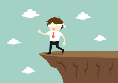 Business concept, Blindfolded businessman is walking to the cliff. Vector illustration.のイラスト素材
