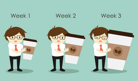 Business concept, Businessman holding different size of coffee cups. Vector illustration.のイラスト素材