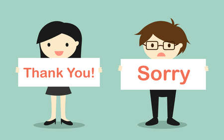 Business concept, Business woman holding 'Thank you!' banner and businessman holding 'Sorry' banner.のイラスト素材