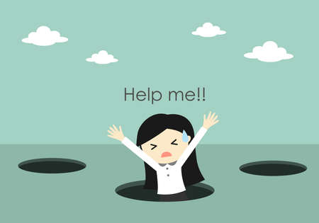 Business concept, Business woman fall into the hole and need help. Vector illustration.のイラスト素材
