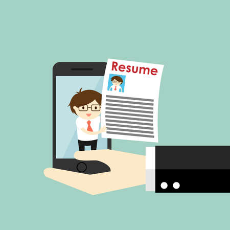 Business concept, businessman send his resume via smartphone. Vector illustration.のイラスト素材