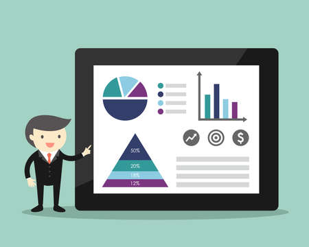 Business concept, Businessman giving presentation and explaining charts. Vector illustration.のイラスト素材