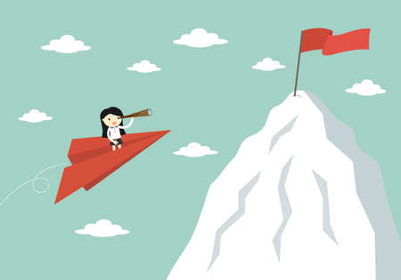 Business concept, Business woman is flying to the top of mountain while using telescope. Vector illustration.のイラスト素材