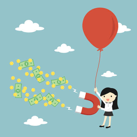 Business concept, Business woman attracting money with a large magnet while flying with big balloon. Vector illustration.のイラスト素材