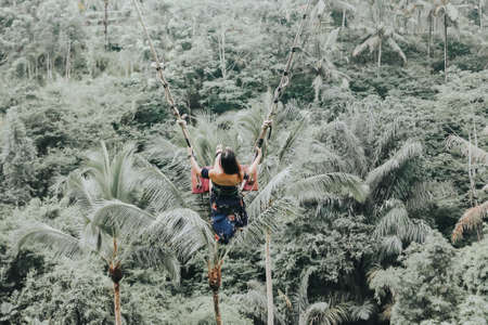 Young pretty Asian woman is swinging on the cliff of the jungle in Ubud, Bali.の写真素材