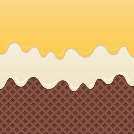Flowing yellow cream and milk cream melt on chocolate wafer background.のイラスト素材