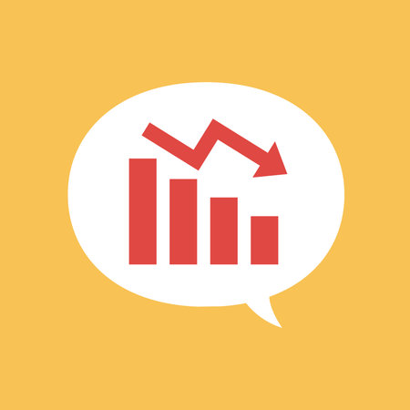 Flat style of red down chart in white bubble on yellow background.