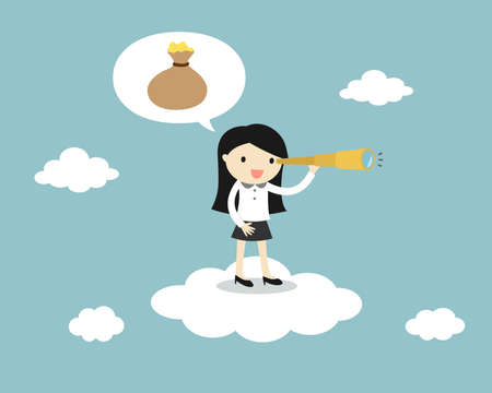 Business woman standing on the cloud with a telescope and looking for money. Vector illustration.のイラスト素材