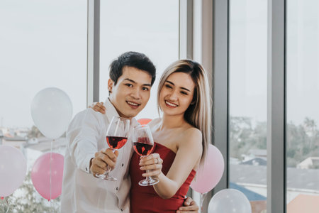 Young Asian couple celebrating new year together, drinking wine together.