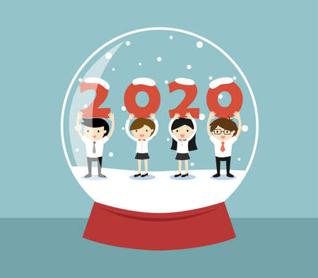 Business concept, Business people holding '2020' letters in a snow globe.のイラスト素材