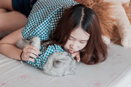 Close up of young Asian woman playing with her persian cat, human-animal relationships.の写真素材