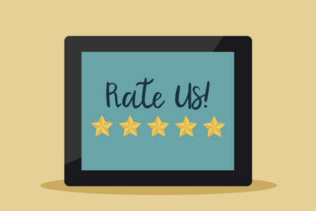 'Rate us' lettering with stars on tablet, customer satisfaction concept. Vector illustration.のイラスト素材