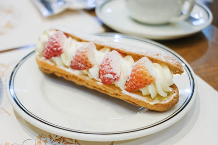 Eclair with cream and strawberries on the plate.