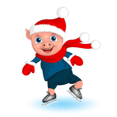 Pig boy in santa costume. Cartoon funny Christmas piggy skating on rink greeting card. Piglet with red scarf. Happy Chinese new year. Winter scene and winter sport activity. Pig symbol of the New Yearのイラスト素材