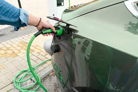 View from an Electric Car Charging Column. Technology electric vehicle concept