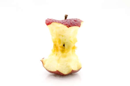 Fresh red apple with water droplets and leaf, isolated on white background の写真素材