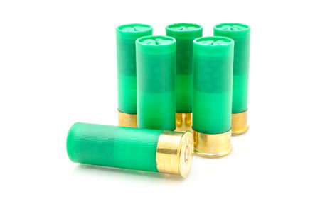 12 gauge shotgun shells used for hunting isolated on a white background.
