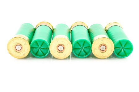 12 gauge shotgun shells used for hunting isolated on a white background.