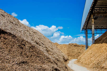 Pile of wood chips at biomass co-generation plant at the foreground in focus with beautiful blue sky in the background out of focusの写真素材
