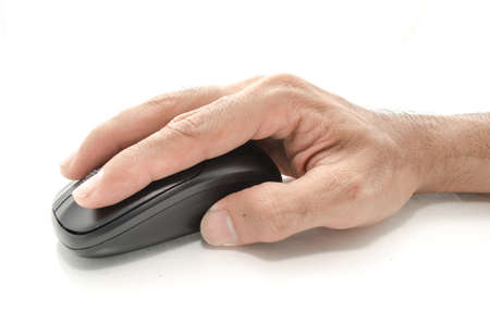 young man hand and wireless computer mouse isolated on white background.の写真素材
