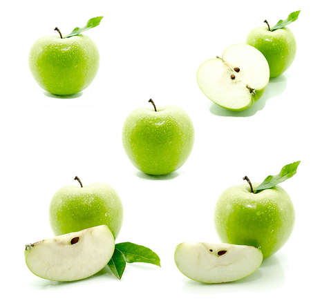 Crispy green apples from the garden isolated white background.の写真素材