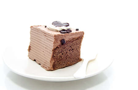 single piece of chocolate cake on white backgroundの写真素材