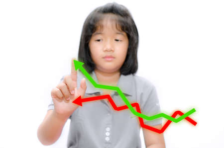Little girl pointing up with her finger on white backgroundのeditorial素材