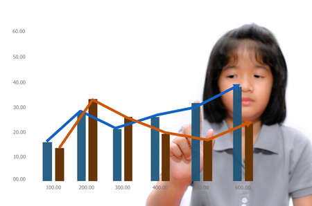 Little girl pointing up with her finger on white backgroundのeditorial素材