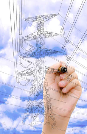 transmission tower sketch with high voltage on blue sky. の写真素材