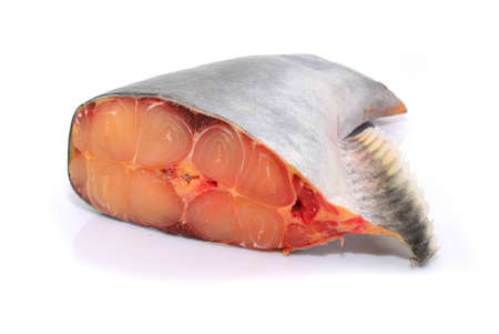 fresh prepared pangasius fish fillet on white backgroundの写真素材