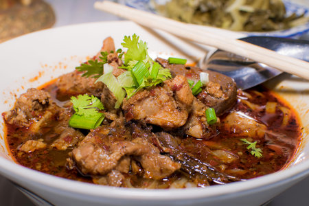 hot and spicy noodle in bow close up. Thailand Food