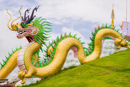 Dragon statue in the center, Wat Huay pla kang in Chiang Rai Province,Thailand.の写真素材