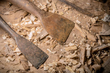 joiner tools on wood table backgroundの写真素材