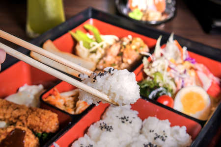 japanese cuisine. lunch box set on the backgroundの写真素材