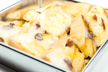 breakfast setting of delicious french toast on white background.の写真素材