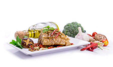 Honey roasted pork on white background.の写真素材
