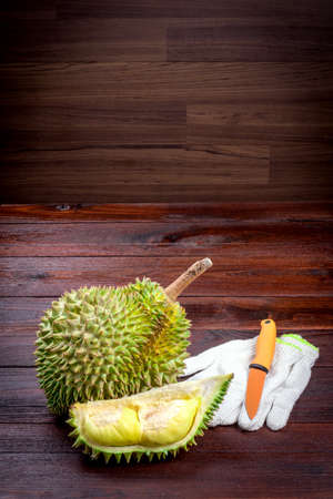 yellow Durian on wooden tableの写真素材