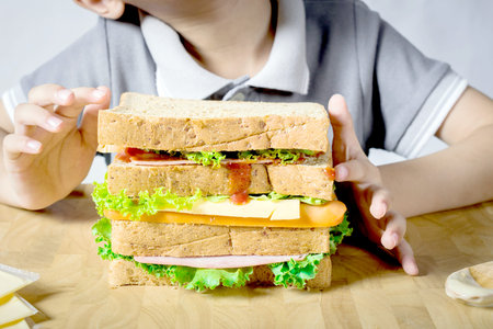 Little Boy Making a Sandwich In Kitchenの写真素材