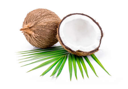 Coconuts with leaves on a white backgroundの写真素材