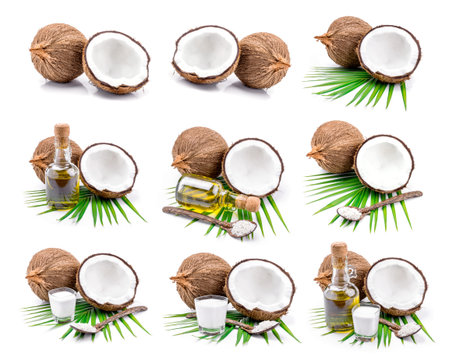 Coconut milk and coconut oil on white background.
